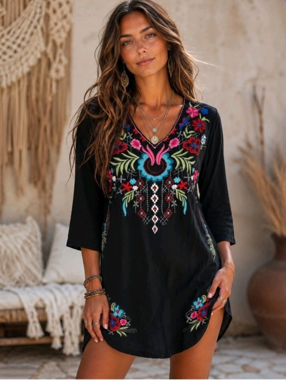 NWT Embroidered V-Neck Black Tunic with Colorful Floral Accents Size XS